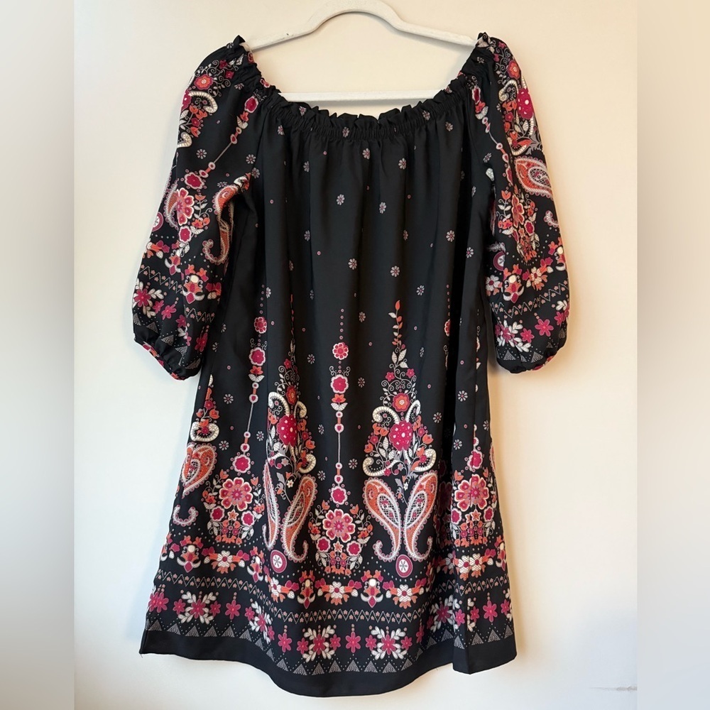Soprano Off the Shoulder Tunic Dress Black and Multicolor Patterned - Size L